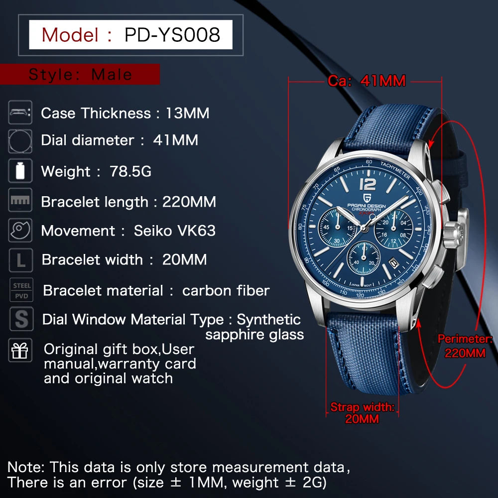 Pagani Design For Mens Watch Chronograph Japan Vk63 Sport Quartz Wristwatch Sapphire Date 100m Waterproof Reloj Hombr Masculino