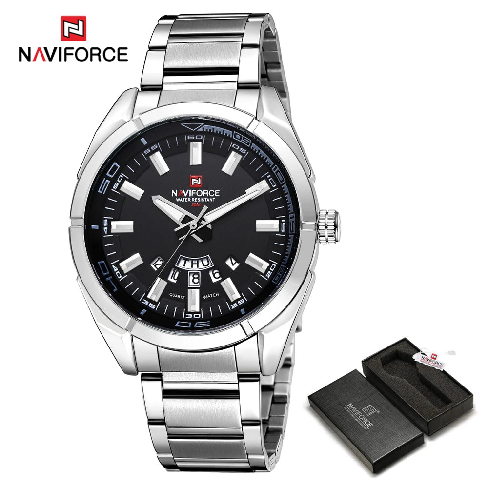 Ανδρικό ρολόι NAVIFORCE, εξ ολοκλήρου από ατσάλι, αδιάβροχο, casual στυλ, μηχανισμός χαλαζία με ένδειξη ημερομηνίας – Πολυτελές ανδρικό ρολόι χειρός, από κορυφαία μάρκα.