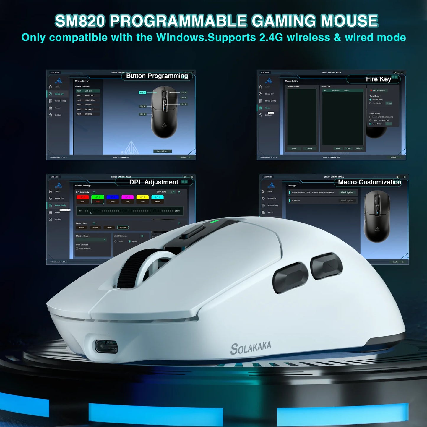 SOLAKAKA SM820 tri-mode draadloze muis met magnetisch oplaadstation, RGB, PAW3311, 24000DPI, draadloze macro-gamingmuis, ultralicht