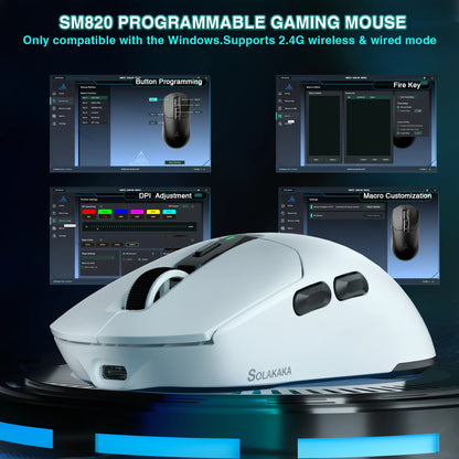 SOLAKAKA SM820 tri-mode draadloze muis met magnetisch oplaadstation, RGB, PAW3311, 24000DPI, draadloze macro-gamingmuis, ultralicht
