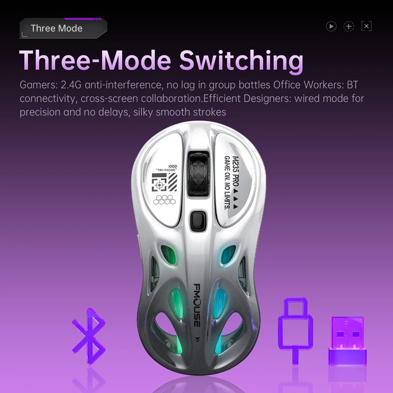 Mouse gaming RGB tri-mode wireless 2.4G, design gol și ușor, cu iluminare Chroma, cu fir și Bluetooth, controller mouse e-sports