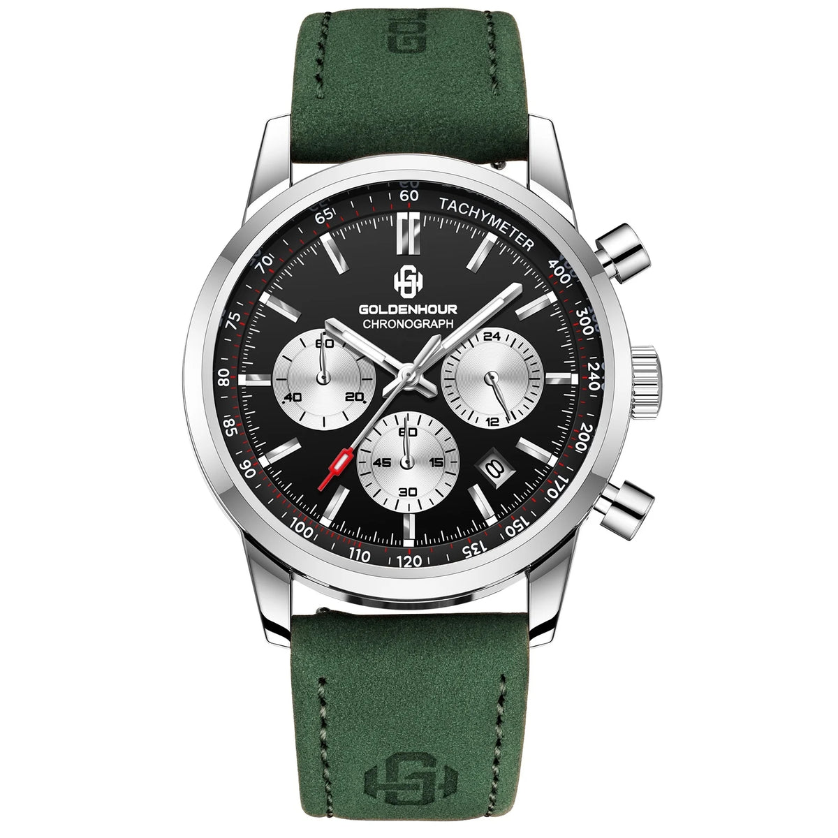 Reloj de lujo para hombre GOLDENHOUR: cronógrafo de cuarzo, esfera verde, correa de piel, resistente al agua, luminiscente, estilo militar y deportivo