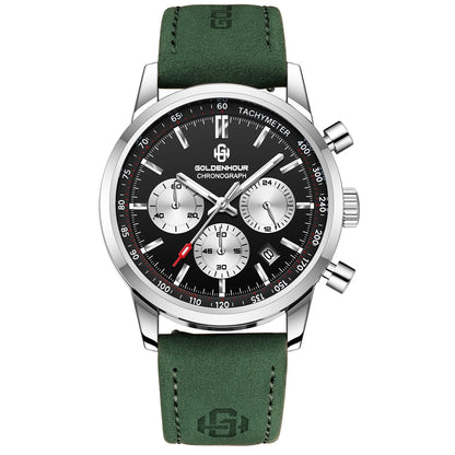 Reloj de lujo para hombre GOLDENHOUR: cronógrafo de cuarzo, esfera verde, correa de piel, resistente al agua, luminiscente, estilo militar y deportivo