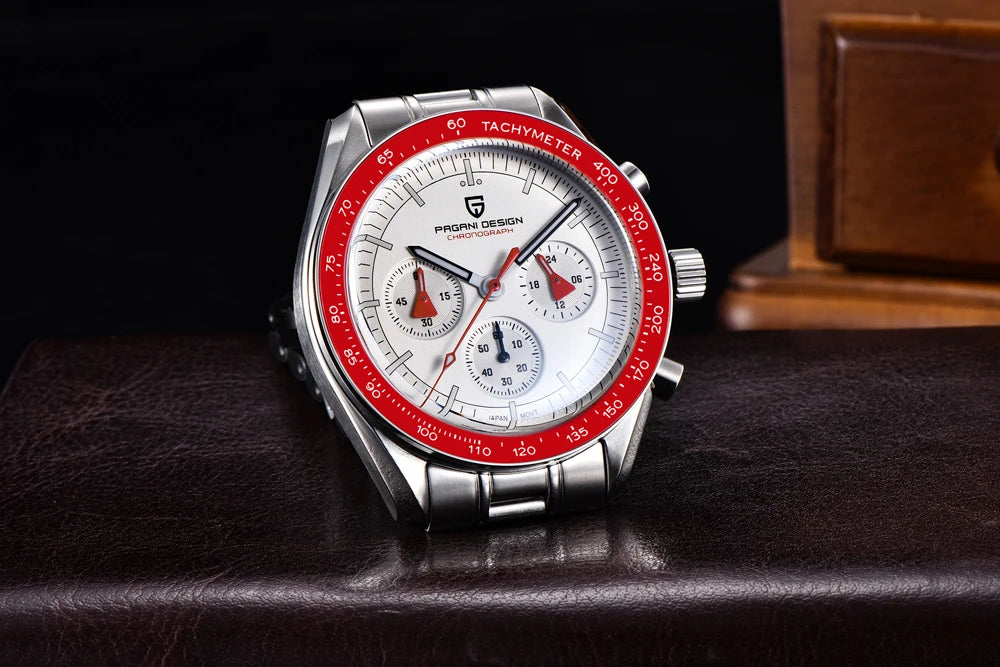 Zegarek męski PAGANI DESIGN „New Moon” – luksusowy zegarek kwarcowy, chronograf, szkło szafirowe z powłoką antyrefleksyjną, ceramiczna ramka, świecące wskazówki