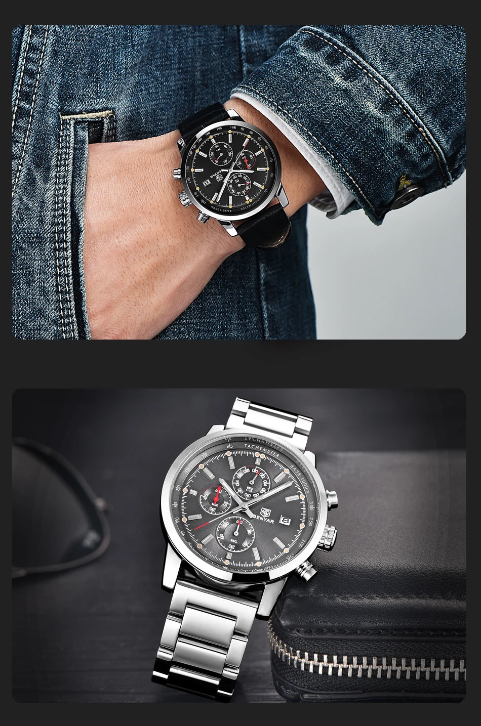 Montre pour homme BENYAR 5102 – Chronographe sportif de luxe à quartz, accessoire de mode d'une grande marque