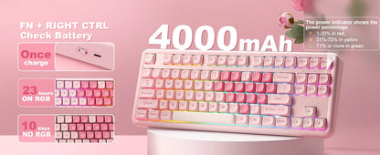 YUNZII B87 Pink Mechanical Gaming Keyboard, QMK/VIA Custom Gasket RGB Keyboard, Wireless Aesthetic Keeb, Wrist Rest for Win/Mac