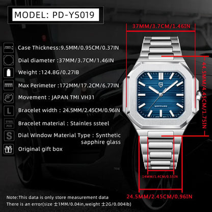 PAGANI DESIGN Novo V2 Relógio de Quartzo Quadrado para Homem, Marca de Luxo, Desportivo, Impermeável, Safira, Aço Inoxidável