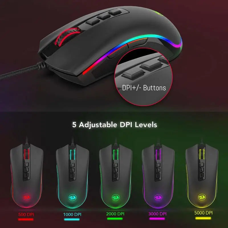 Mouse da gaming per PC Redragon M711 cablato, 7 pulsanti programmabili, RGB personalizzabile, 10,000 DPI, ergonomico