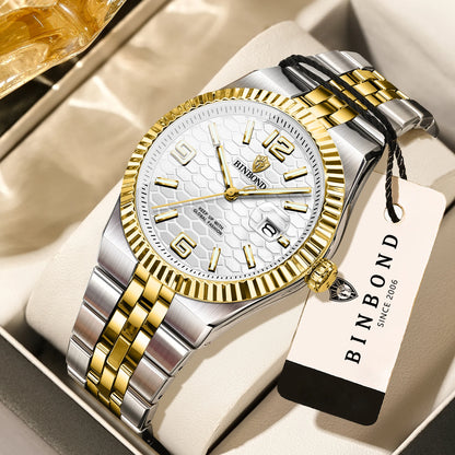 Ceas de mână de lux cu cuarț BINBOND, luminat, rezistent la apă, cu dată automată, pentru bărbați, din oțel, în stil business, sportiv, la modă și casual.