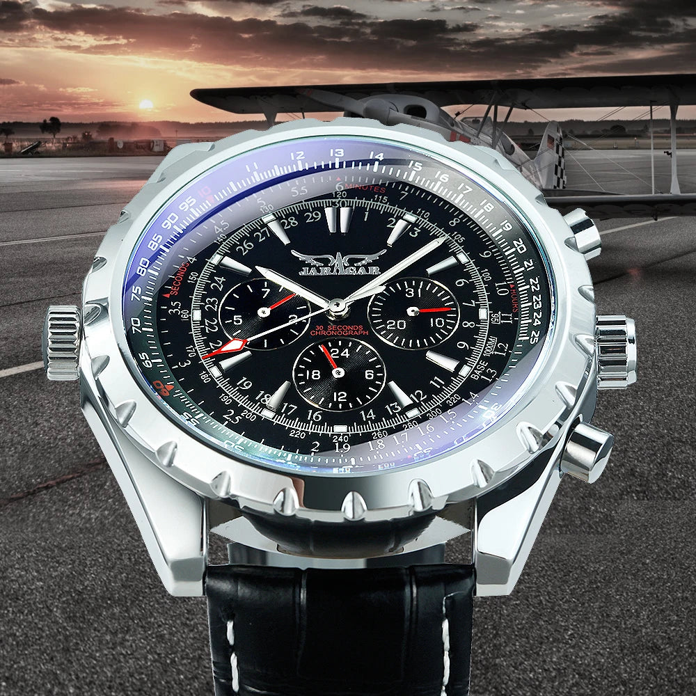 JARAGAR Men’s Luxury Automatic Mechanical Watch  Military Sport Design, Multifunction Dial & Leather Strap