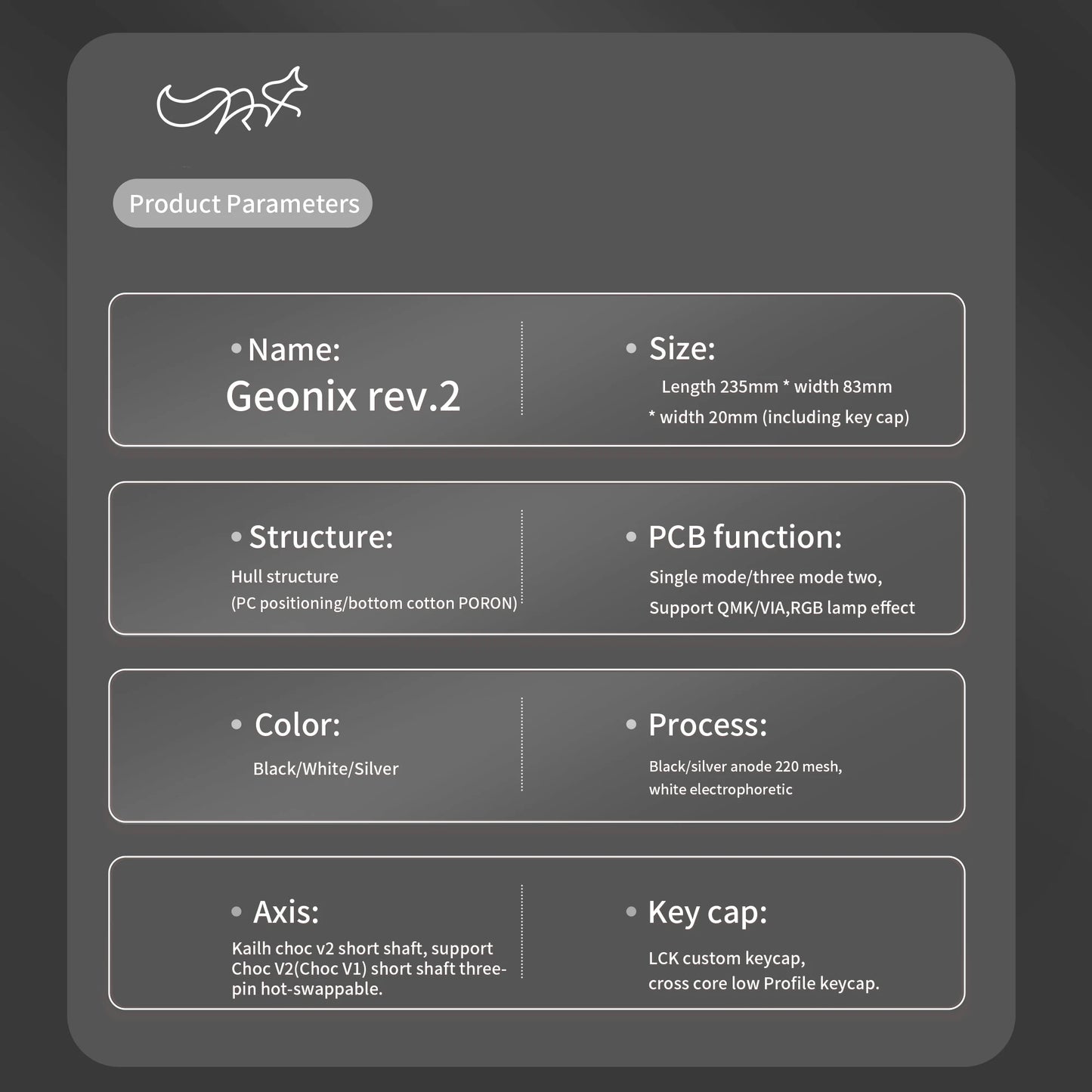 Chosfox GEONIX48 Rev.2 Low Profile Keyboard Single/Three Mode Portable Mechanical Keyboard Kit For LOW MX Switch Support QMK/VIA