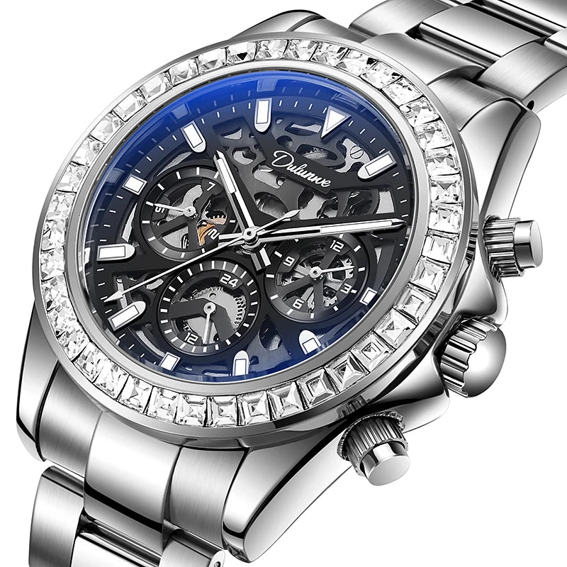 Diamond Bezel Stainless Steel Automatic Watch Fashion Mulitfunction Waterproof Luminous Mechanical Watches for Men