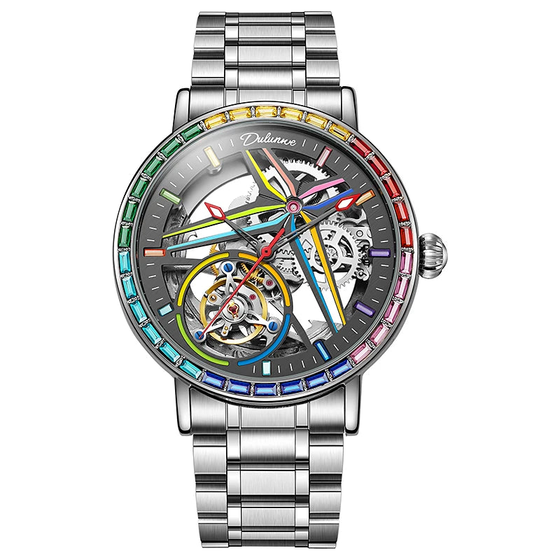 Skelethorloge voor heren, modieuze stijl, versierd met edelstenen in de kleuren van de regenboog, voorzien van een tourbillon; luxe mechanisch automatisch horloge, waterdicht tot 30 meter.