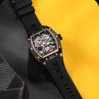 Relógio mecânico para homem MEGIR, formato de barril, mostrador esqueletizado com aberturas, estilo desportivo, bracelete em silicone, relógio automático de luxo