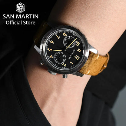 San Martin Vintage Men Quartz Watch Pilot VK64 Chronograph Watches Waterproof Luminous Quick Release Leather Strap SN0127