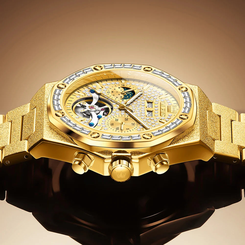 Ceasuri pentru bărbați OLEVS din oțel auriu, ceasuri de lux mecanice automate, ceasuri de mână sport, rezistente la apă, cu tourbillon, Reloj Hombre