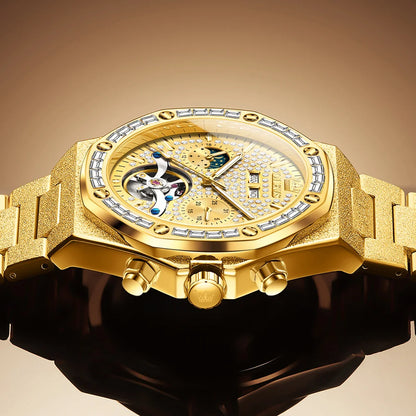 Ceasuri pentru bărbați OLEVS din oțel auriu, ceasuri de lux mecanice automate, ceasuri de mână sport, rezistente la apă, cu tourbillon, Reloj Hombre