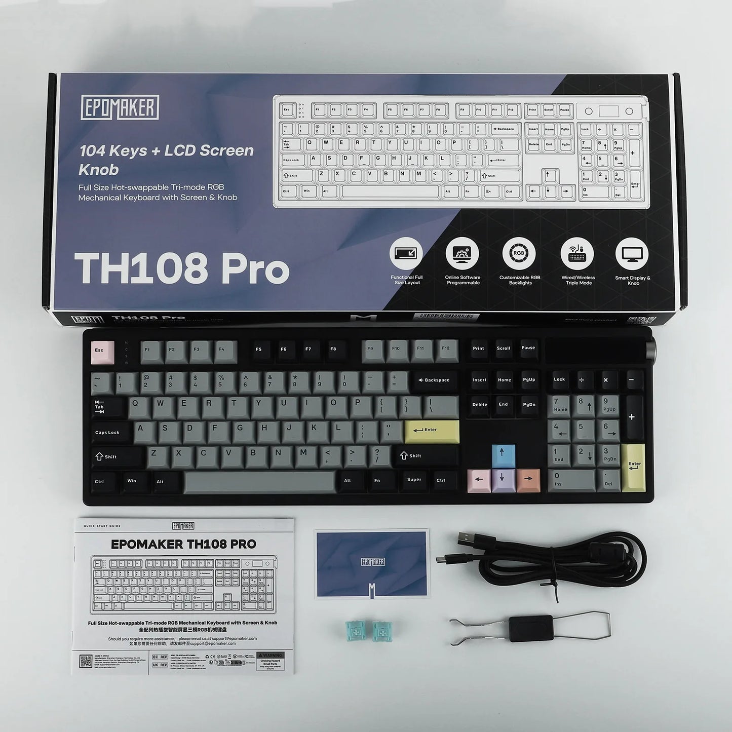 EPOMAKER TH108 PRO 100% Full-Sized Hot-Swap kabelgebundene/BT/2.4Ghz kabellose mechanische Tastatur mit Display & Drehknopf, 10000mAh Akku