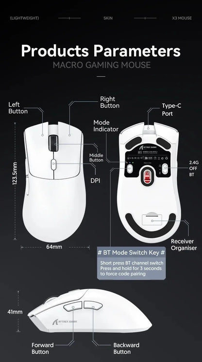 Rato ultraleve ATTACK SHARK R1 59g com PAW3311, 18000DPI, 400IPS, 40G, 1000Hz, Tri-Mode, controlador Broadcom BK3633, 20 milhões de cliques
