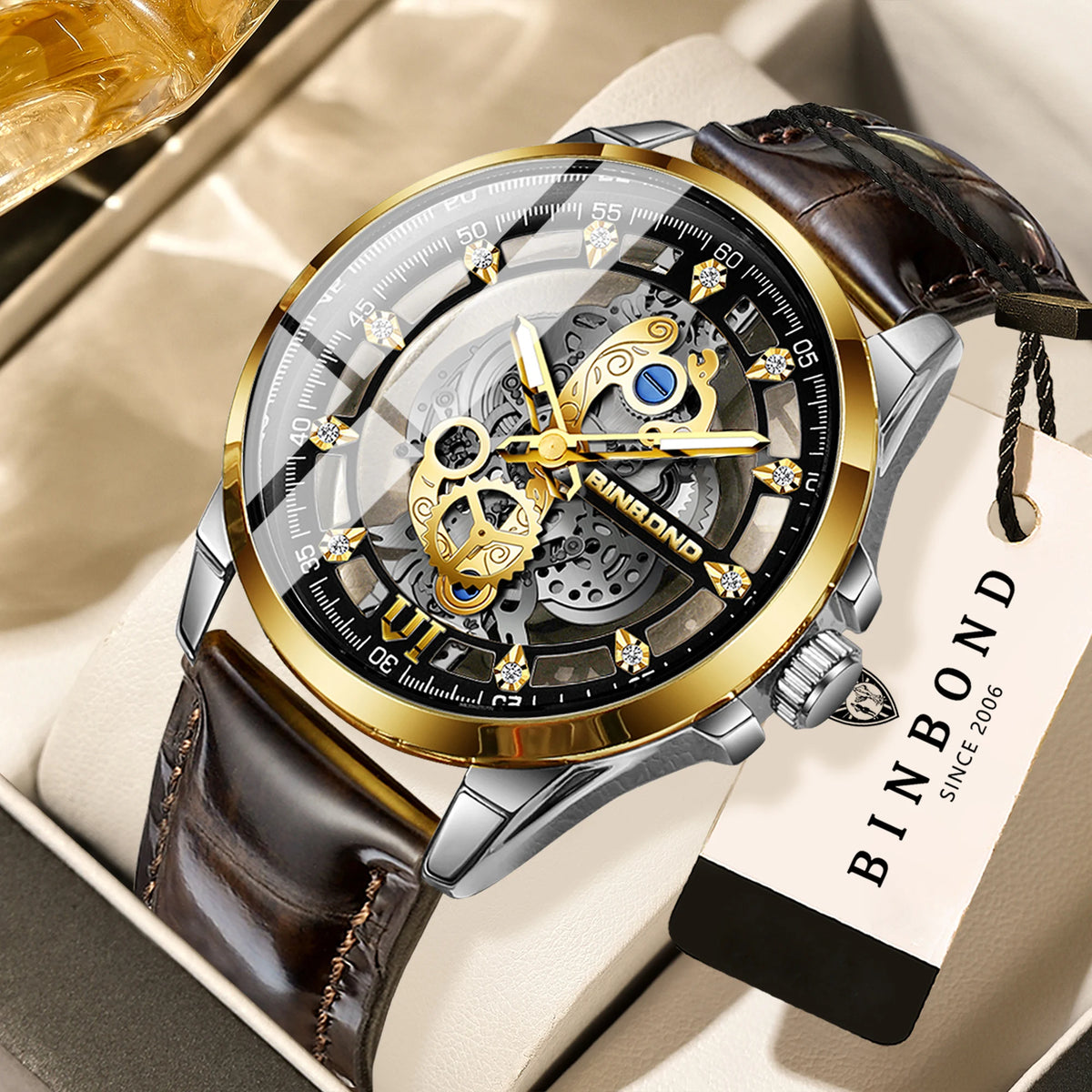 Vintage openwork BINBOND quartz wristwatch for men, luminous, water-resistant, accurate and durable, casual style.