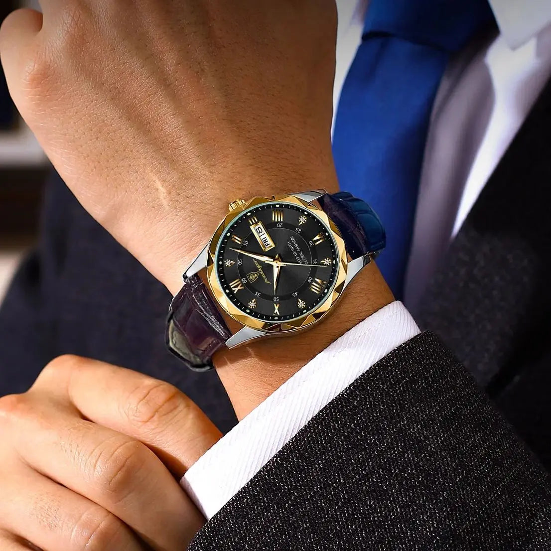 POEDAGAR herenhorloge, origineel luxemodel: waterdicht, lichtgevend, met datum- en dagweergave. Quartzhorloge in klassieke en professionele stijl, voorzien van een leren band.
