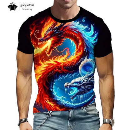 T-shirts de homem com padrão de dragão, manga curta, gola redonda, estilo streetwear, estampado animal 3D, corte largo e versátil, roupa de homem