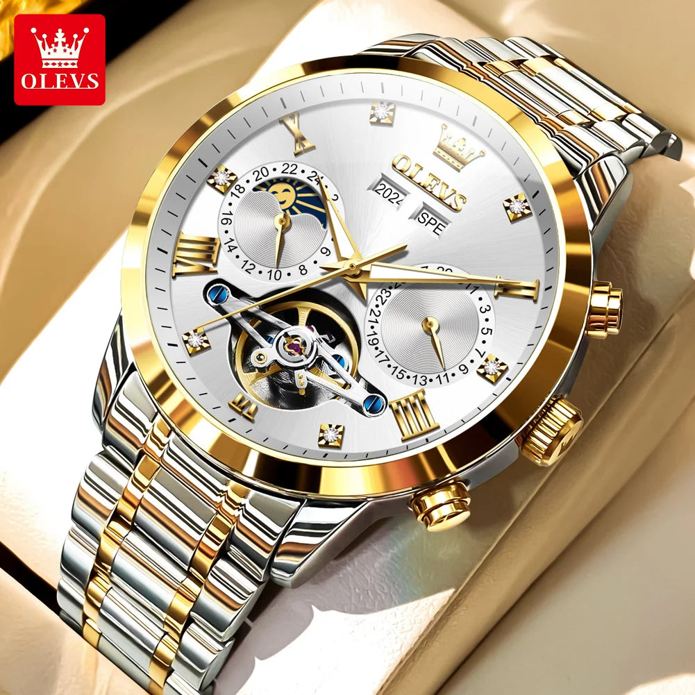 OLEVS Men's Watches - Moon Phase Hollow Flywheel Exclusive Original Automatic Mechanical Watches For Men Luxury Man Watch New 7029