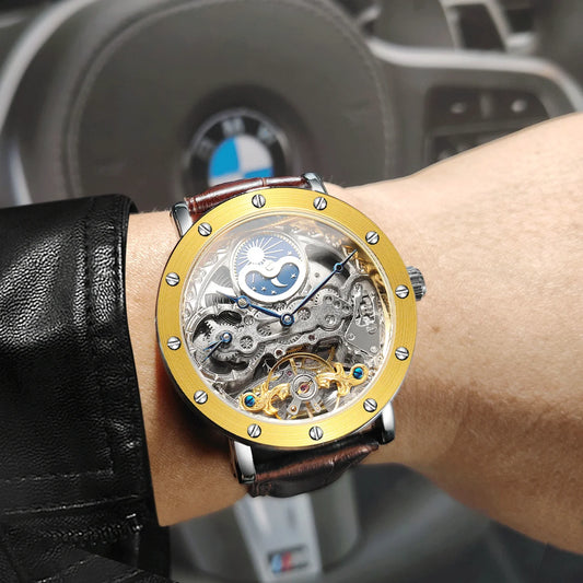 Relógio de pulso mecânico automático SKROX para homem, modelo esqueleto com função GMT, fase lunar e turbilhão – Relógio de luxo de alta gama, elegante e original.