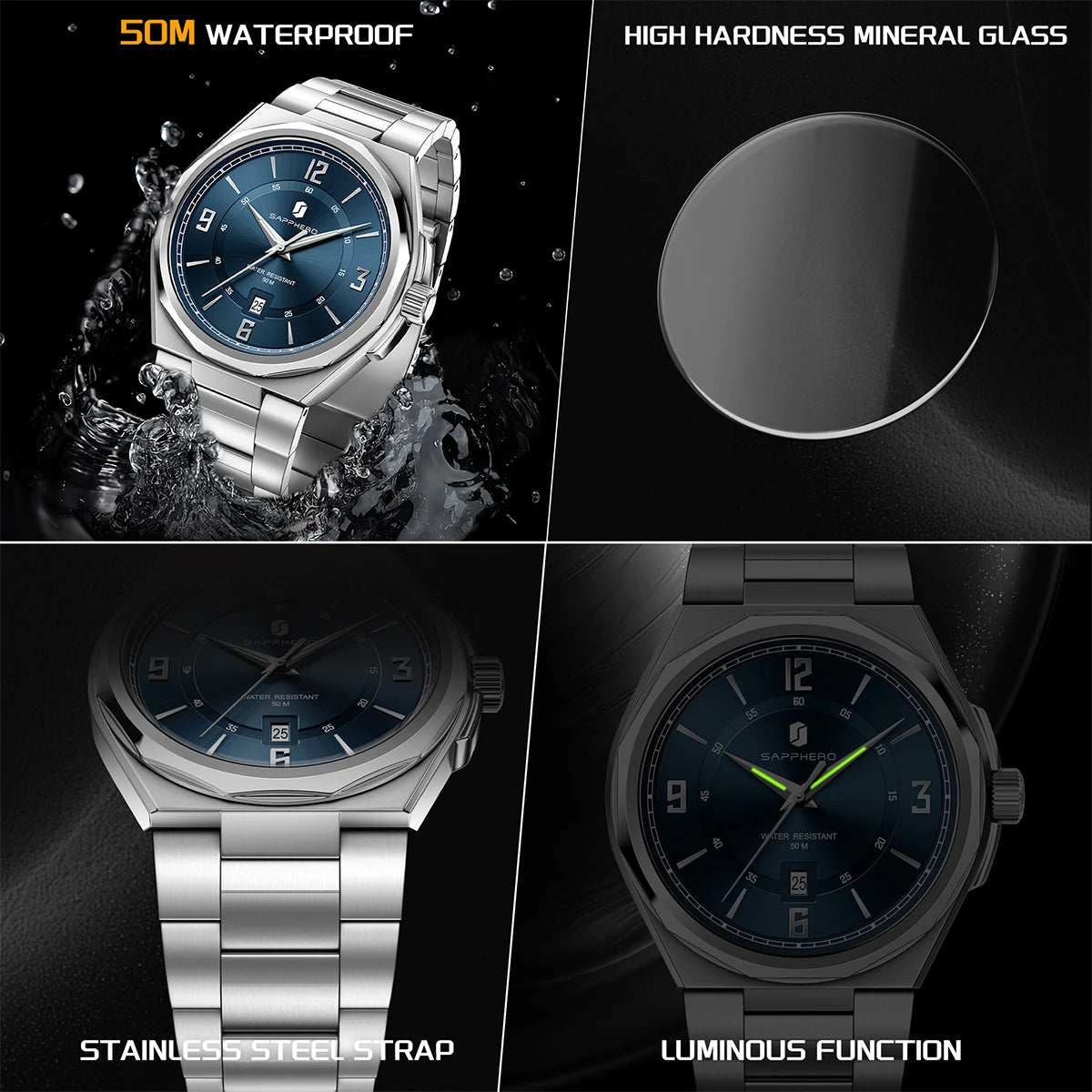 SAPPHERO Luxury Men's Watches Date Display Stainless Steel Watch Strap Men's Gifts Travel Essentials Waterproof Wristwatch