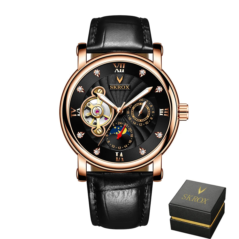 Relógio mecânico automático de luxo para homem, de uma grande marca, equipado com um turbilhão, uma fase lunar e diamantes – um elegante relógio de pulso.