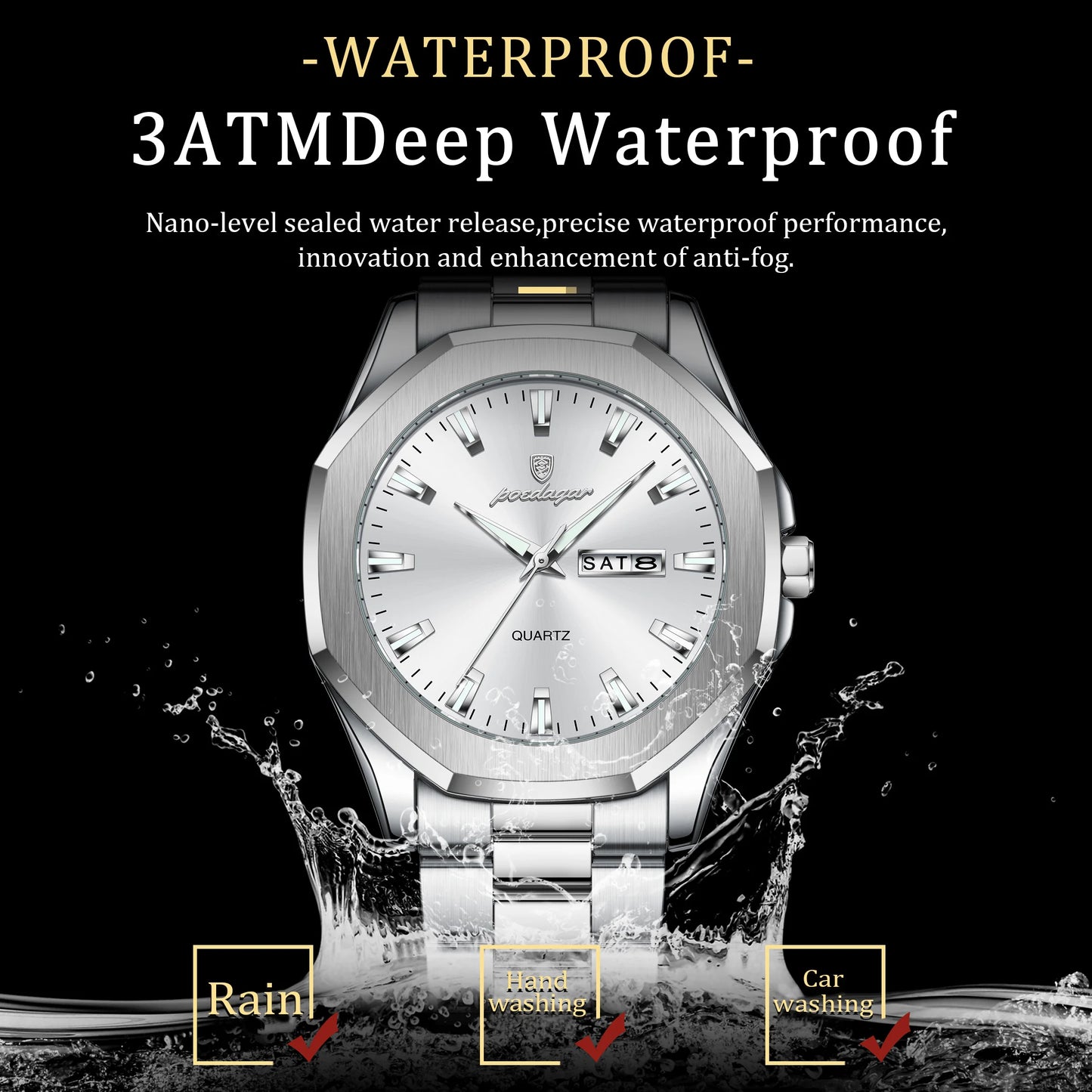 POEDAGAR Luxury Men Wristwatch Waterproof Luminous Week Date Casual Man Clock Stainless Steel Quartz Fashion Men's Watches Reloj