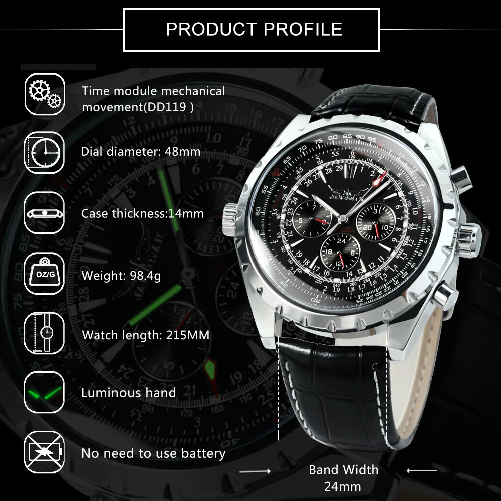 JARAGAR Men’s Luxury Automatic Mechanical Watch  Military Sport Design, Multifunction Dial & Leather Strap