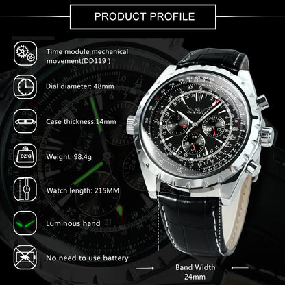 JARAGAR Men’s Luxury Automatic Mechanical Watch  Military Sport Design, Multifunction Dial & Leather Strap