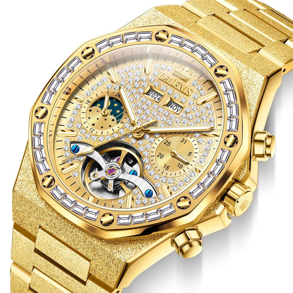 Ceasuri pentru bărbați OLEVS din oțel auriu, ceasuri de lux mecanice automate, ceasuri de mână sport, rezistente la apă, cu tourbillon, Reloj Hombre