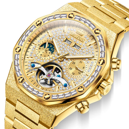 Ceasuri pentru bărbați OLEVS din oțel auriu, ceasuri de lux mecanice automate, ceasuri de mână sport, rezistente la apă, cu tourbillon, Reloj Hombre