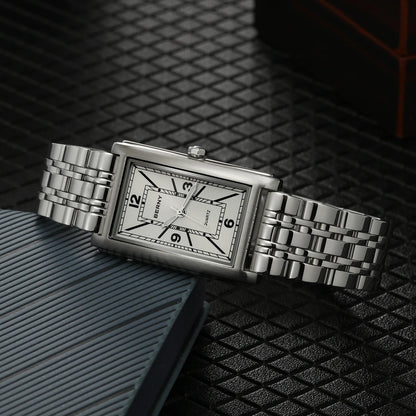 Montre carrée pour homme BERNY – Mouvement à quartz, cadran à chiffres romains, affichage luminescent, boîtier en acier inoxydable 316L – Montre rectangulaire élégante et décontractée