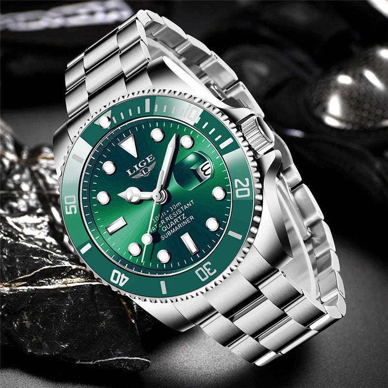 Reloj de buceo de lujo para hombre, de la marca LIGE, resistente al agua hasta 3 ATM, con indicador de fecha, reloj deportivo de cuarzo