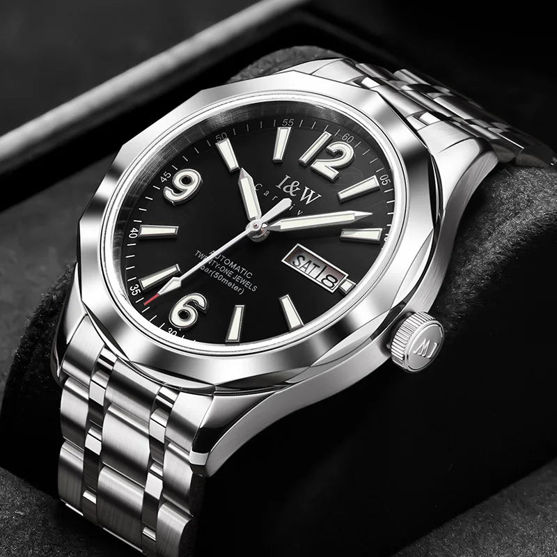Prabangus mechaninis vyriškas laikrodis „Reloj CARNIVAL“ iš volframo, su automatiniu mechanizmu „MIYOTA 8205“, atsparus vandeniui.