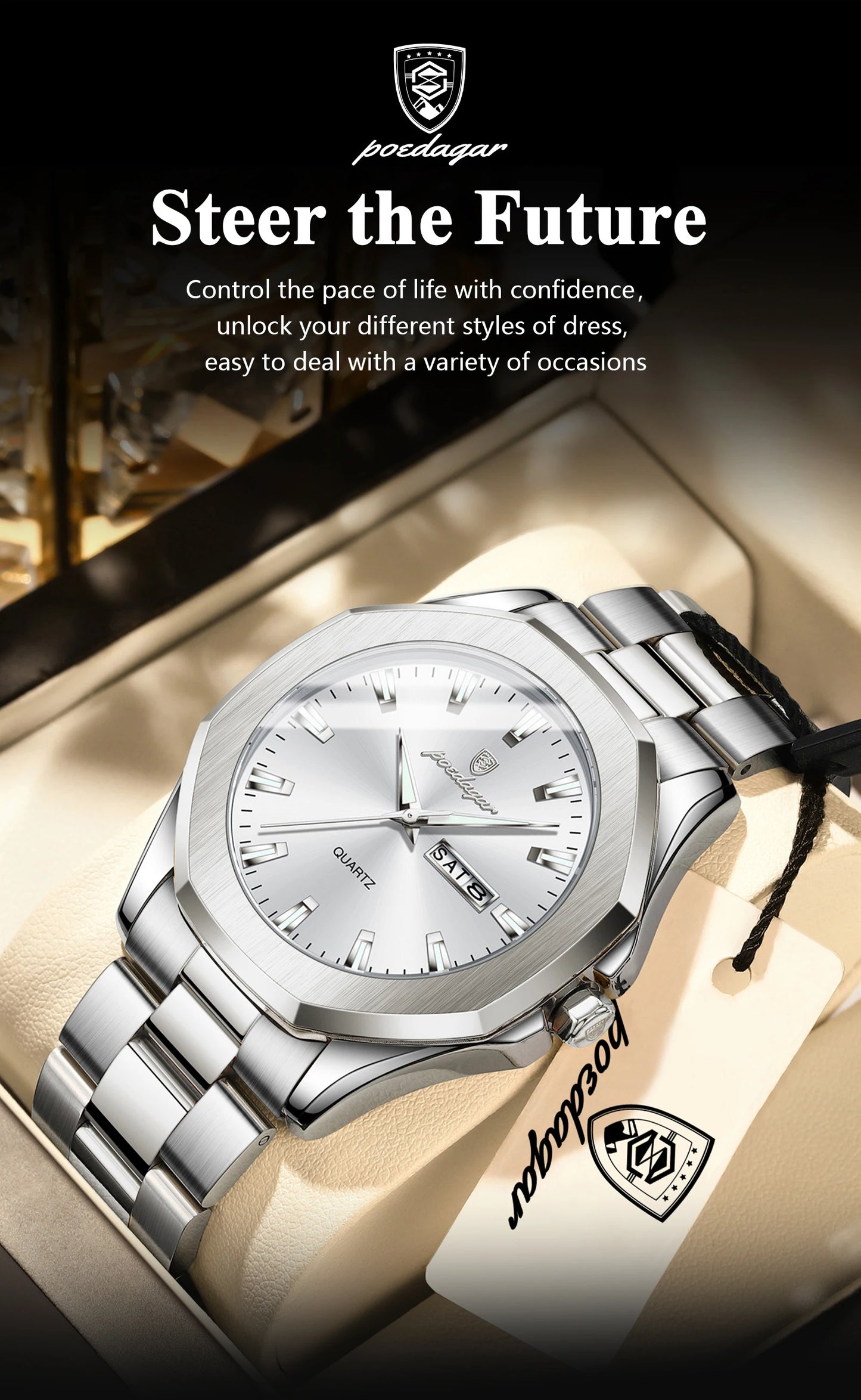 POEDAGAR Luxury Men Wristwatch Waterproof Luminous Week Date Casual Man Clock Stainless Steel Quartz Fashion Men's Watches Reloj