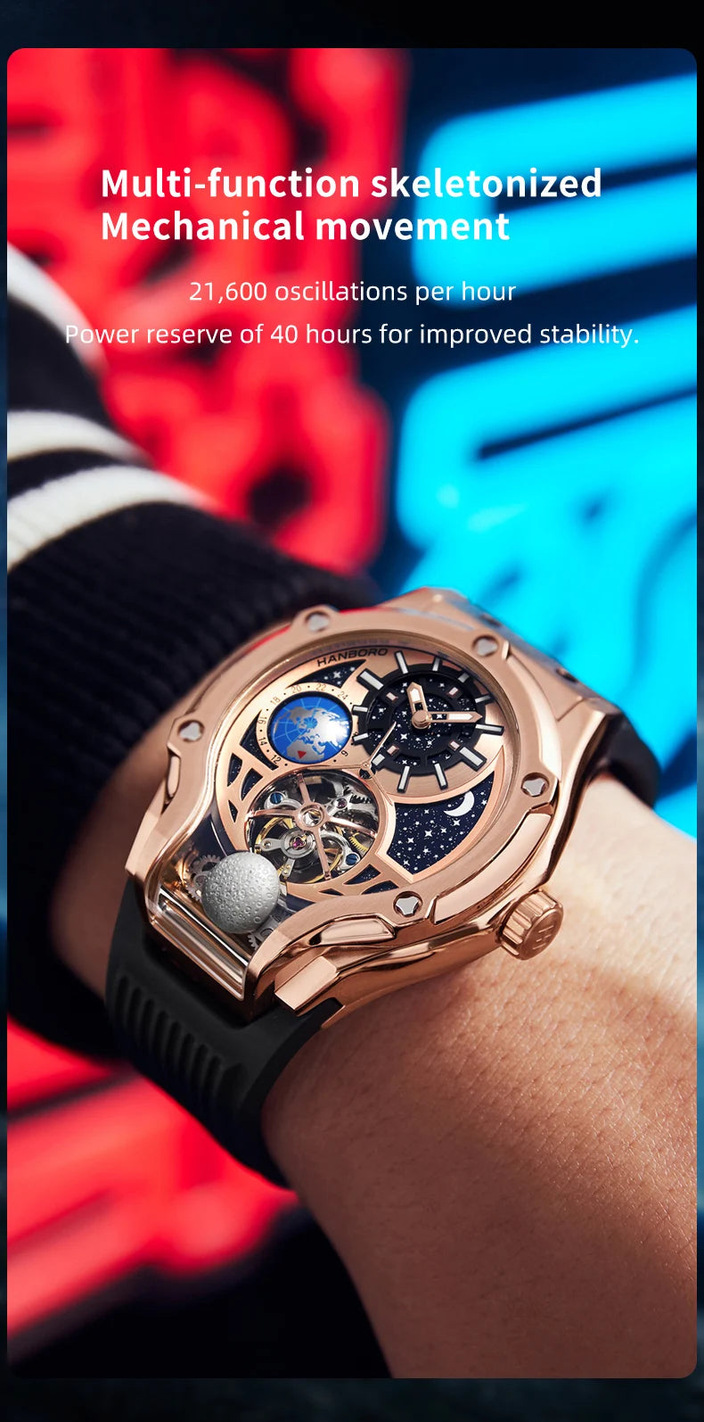 ase Autoy HANBORO Men’s Luxury Automatic Skeleton Watch  Rose Gold Starry Sky Moon Phase Mechanical WristwatchHollow Flywheel Moon Phxury Space Theme Sports Watch 980