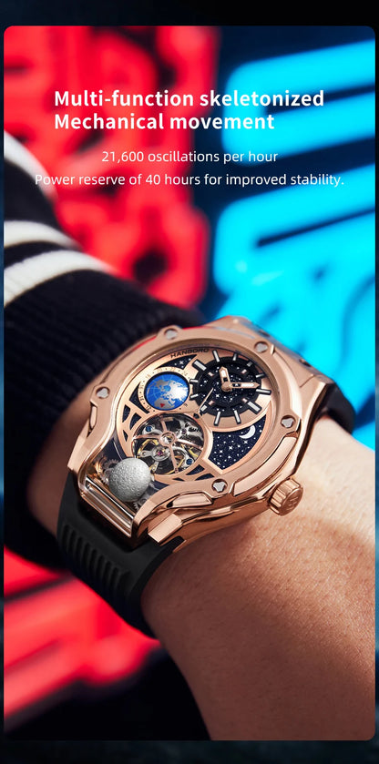ase Autoy HANBORO Men’s Luxury Automatic Skeleton Watch  Rose Gold Starry Sky Moon Phase Mechanical WristwatchHollow Flywheel Moon Phxury Space Theme Sports Watch 980