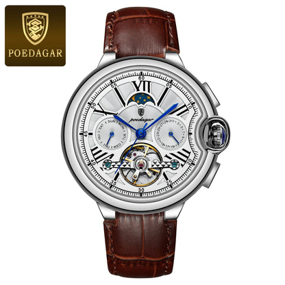 POEDAGAR Luxury Male Watch Tourbillon Date Week Stainless Steel Men Watch Waterproof Automatic Mechanical Military Men's Watches