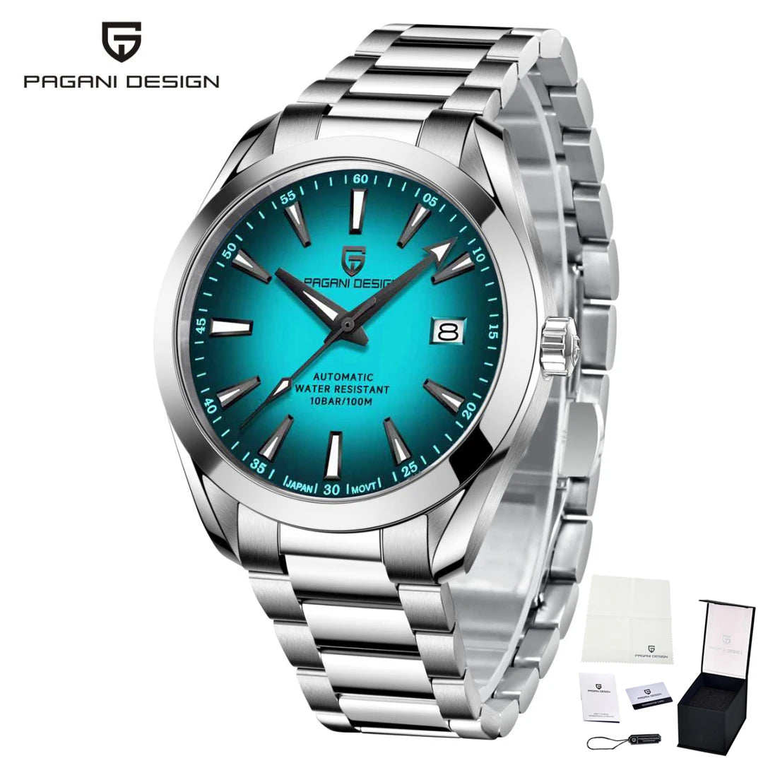 Reloj de lujo para hombre PAGANI DESIGN – Modelo automático mecánico (calibre 8215), de acero inoxidable, hermético, con indicador de fecha y agujas luminiscentes