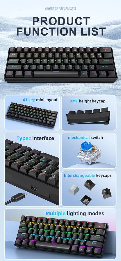 APAYADO K61 Mini Mechanische Tastatur, kabelgebunden, 61 Tasten, Phantom RGB, mechanischer Schalter in Schwarz/Weiß/Rot/Blau für Gaming, 60 % tragbar