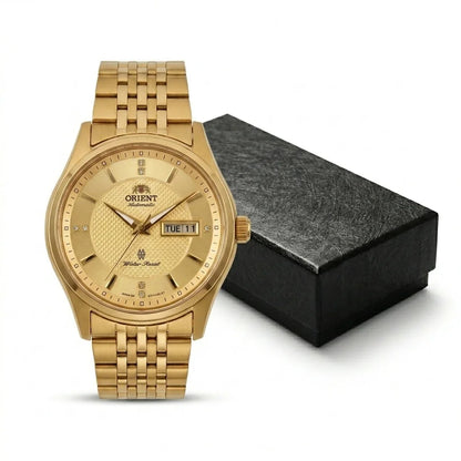 Relógio mecânico automático para homem da Orient, com calendário duplo (data e dia da semana), índices em cristal e bracelete em aço inoxidável – Relógio de pulso de estilo profissional