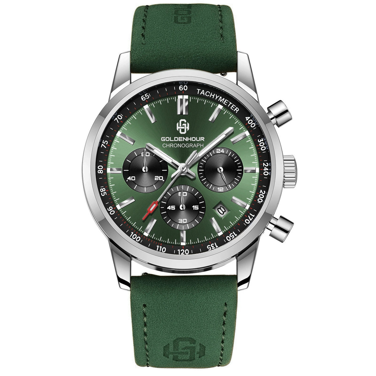 Reloj de lujo para hombre GOLDENHOUR: cronógrafo de cuarzo, esfera verde, correa de piel, resistente al agua, luminiscente, estilo militar y deportivo