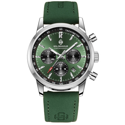 Reloj de lujo para hombre GOLDENHOUR: cronógrafo de cuarzo, esfera verde, correa de piel, resistente al agua, luminiscente, estilo militar y deportivo