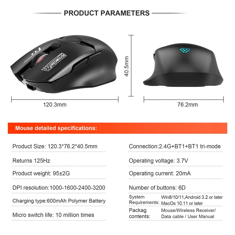 Dvourežimová bezdrátová Bluetooth myš se smart displejem, tichým nabíjením, pro kancelář, gaming, tablet, přenosná univerzální myš