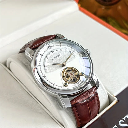 Relógio mecânico automático para homem – Design esqueleto elegante, estilo «business casual» na moda, caixa em liga metálica e bracelete em pele, sem pilha