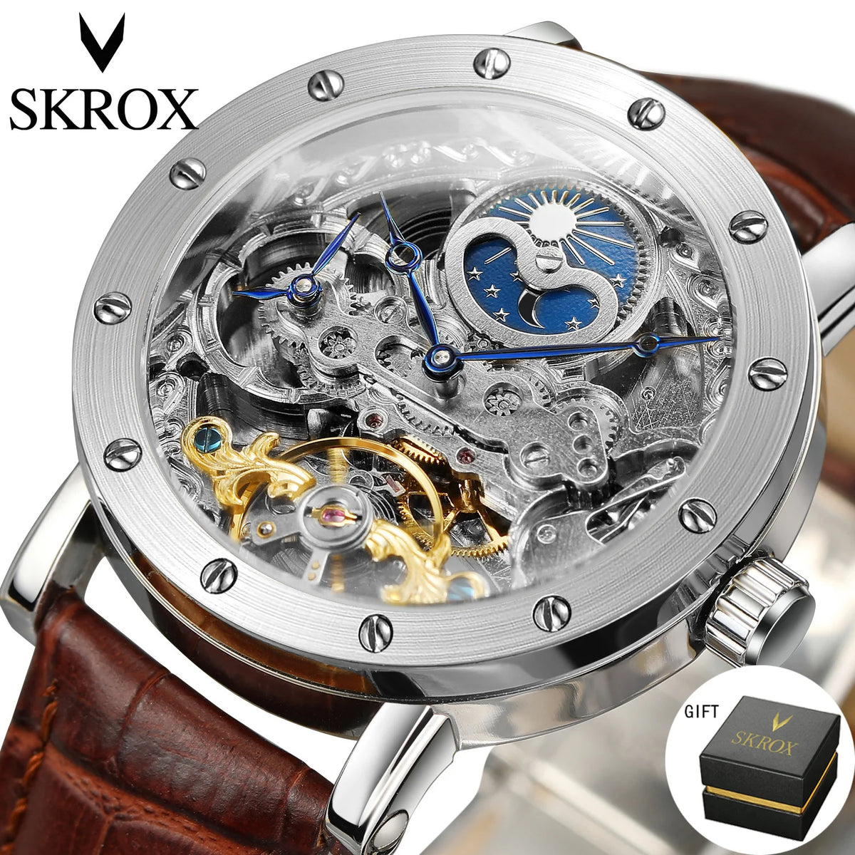 SKROX mekanisk automatisk armbåndsur til mænd, skeletmodel med GMT-funktion, månefase og tourbillon – Elegant og originalt luksusur i topklasse.